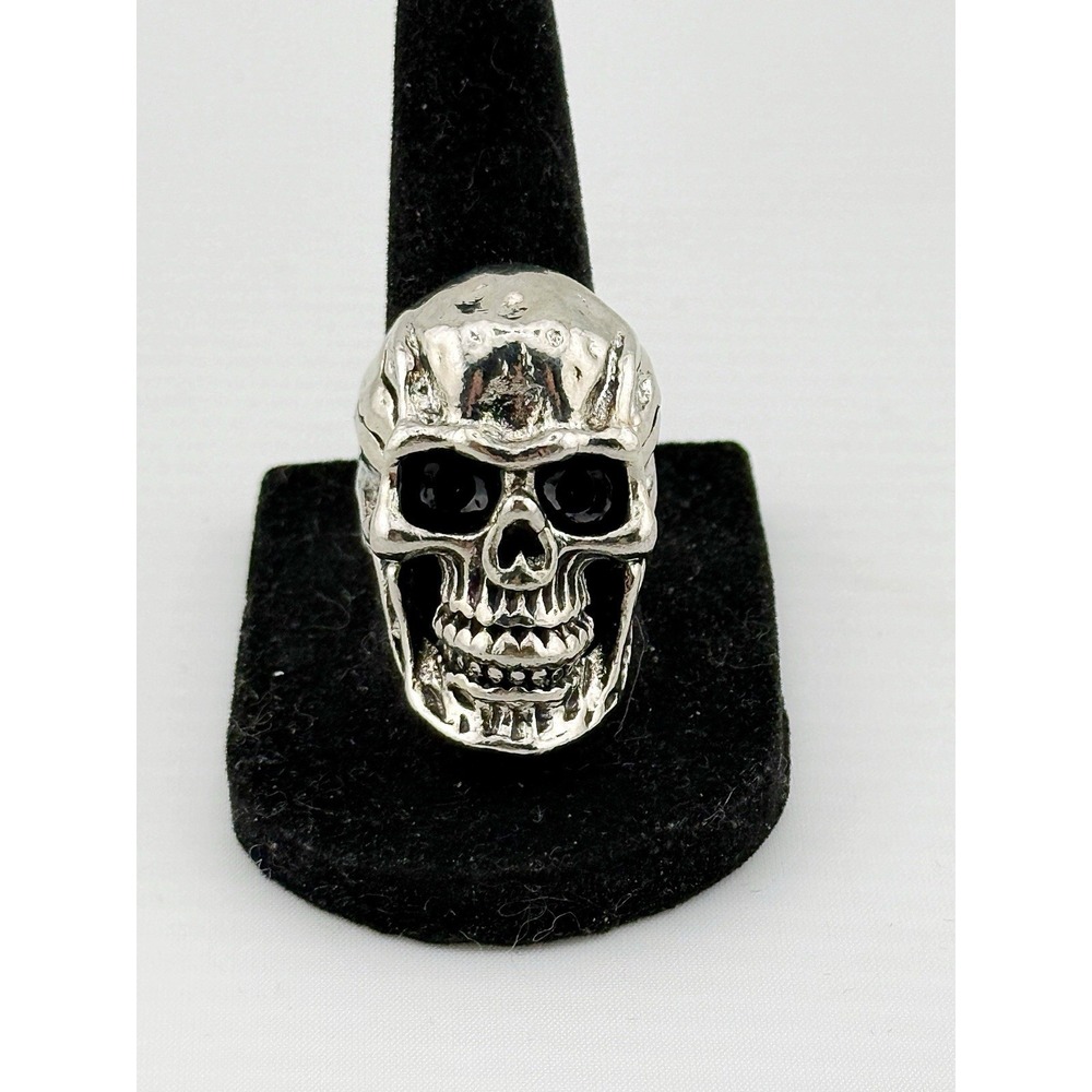 Vintage Silvertone Large Skull Ring Full Jaw And Has Black Accents. Size 7.5